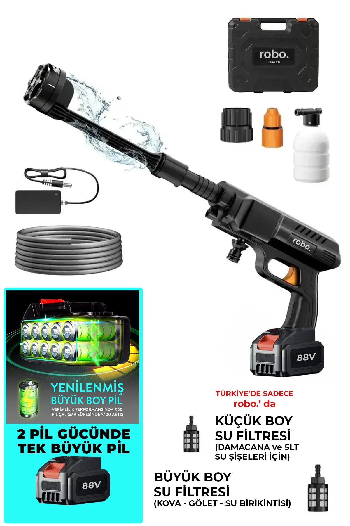 Turbo 1  Şarjlı  70 Bar Yüksek Basınçlı  Oto Yıkama Makinesi  Ve Sulama Tabancası