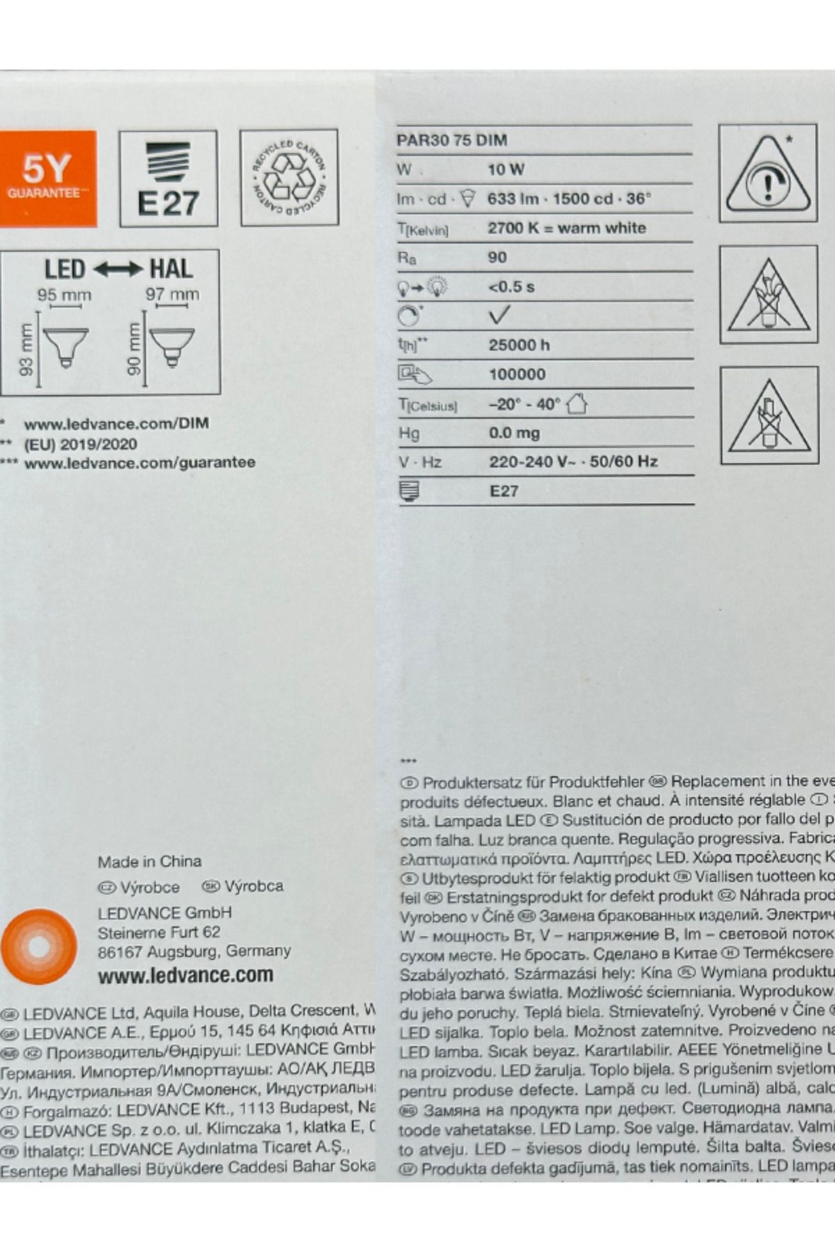 Ledvance 10W (75W) 2700K (Sarı Işık) Par30 E27 Duylu Dim Edilebilir Led Spot (10 Adet)