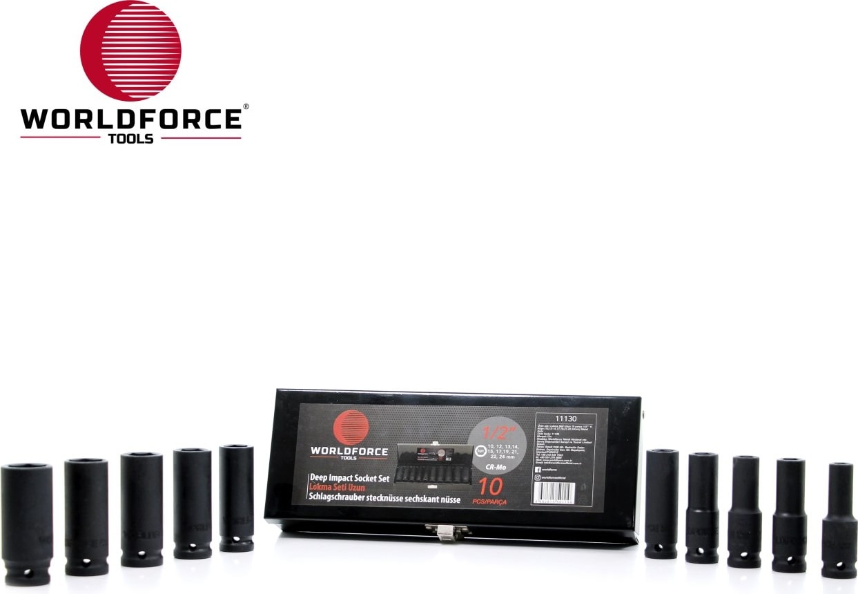 1/2" Darbeli Uzun Lokma Seti Metal Kutulu 10-24MM 10 Parça Set 10,12,13,14,15,17,19,21,22,24MM