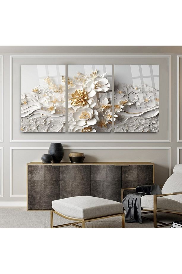 3 LÜ BEYAZ ÇİÇEK ALTIN LOTUS DETAYLI TASARIM TABLO MODERN CAM TABLO KIRILMAZ LÜKS EV HEDİYESİ TABLO