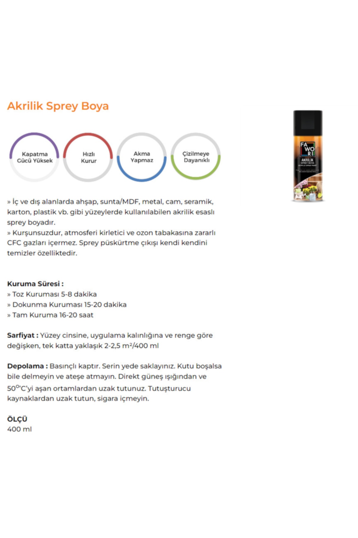 FAWORİ Akrilik Sprey Boya 400 Ml. Mat Siyah (MADE İN İTALY) 2022 Üretim