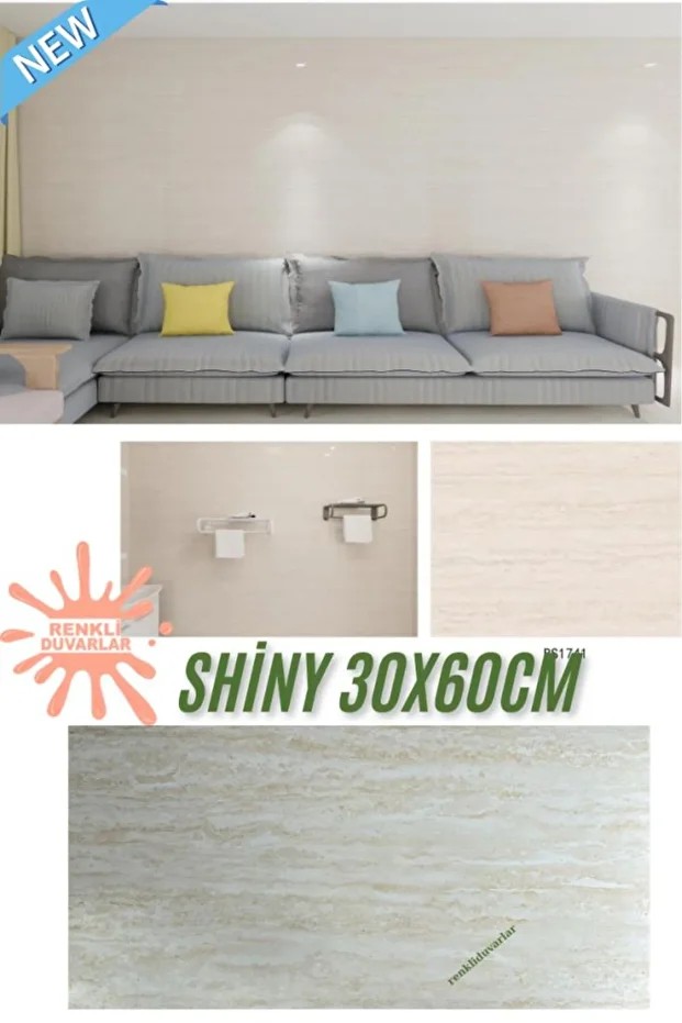 BS1741  Shiny 10m2 55 Adet 30x60cm Yapışkanlı  Mermer Desenli Karavan Banyo Wc Duvar Kaplama Paneli
