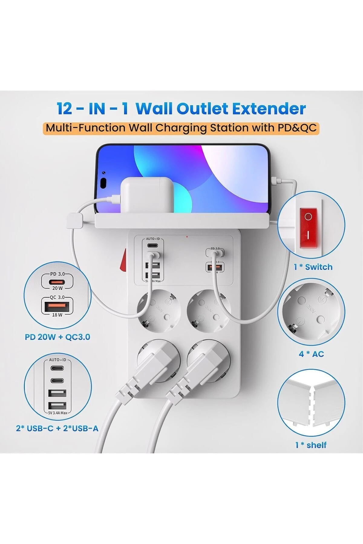 Anahtarlı Çoklu Priz USB C, Akım Korumalı Topraklı Hızlı şarjlı, Priz çoklayıcı Adaptör, Beyaz