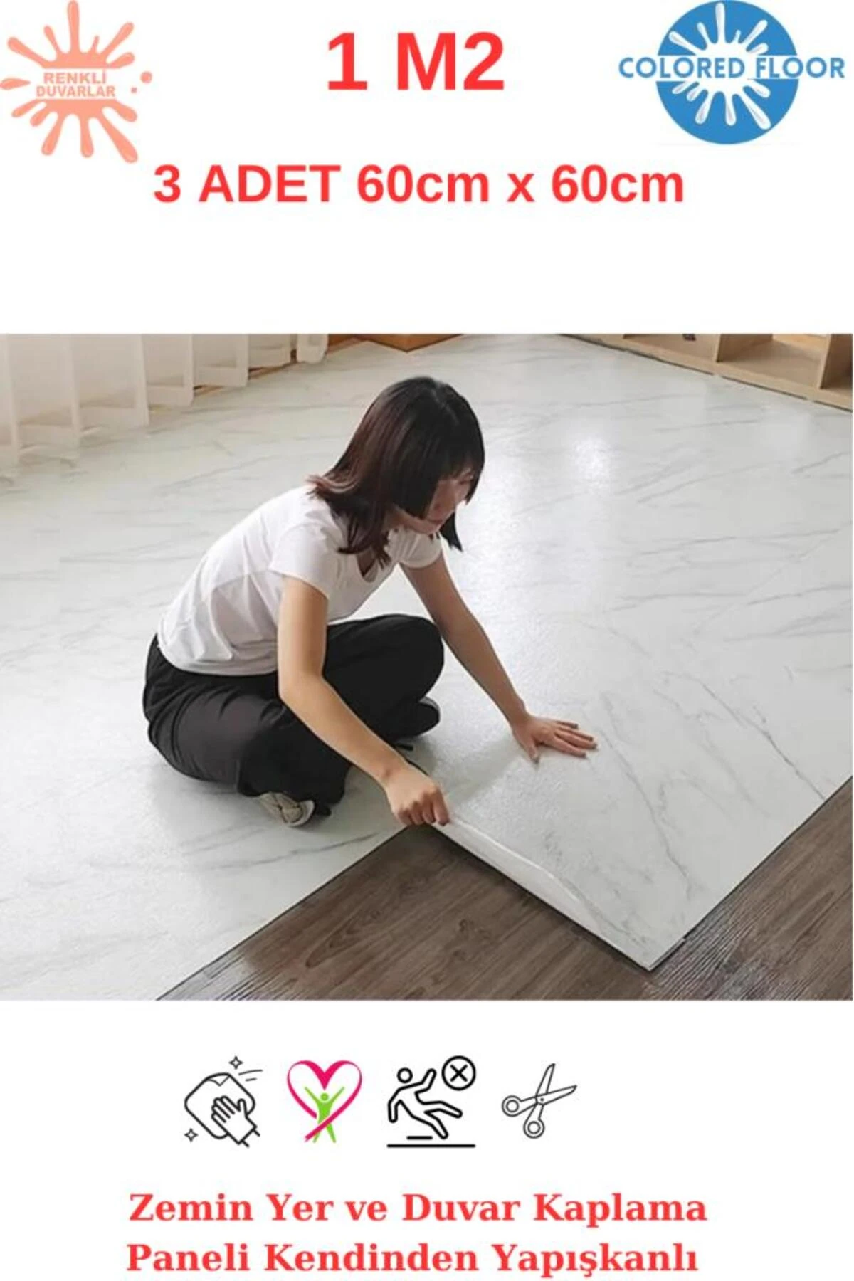 1m2 3 Adet 60X60cm Floor Yapışkanlı Zemin Kaplama Paneli Arkası Kauçuklu Pvc WC Paneli 6216