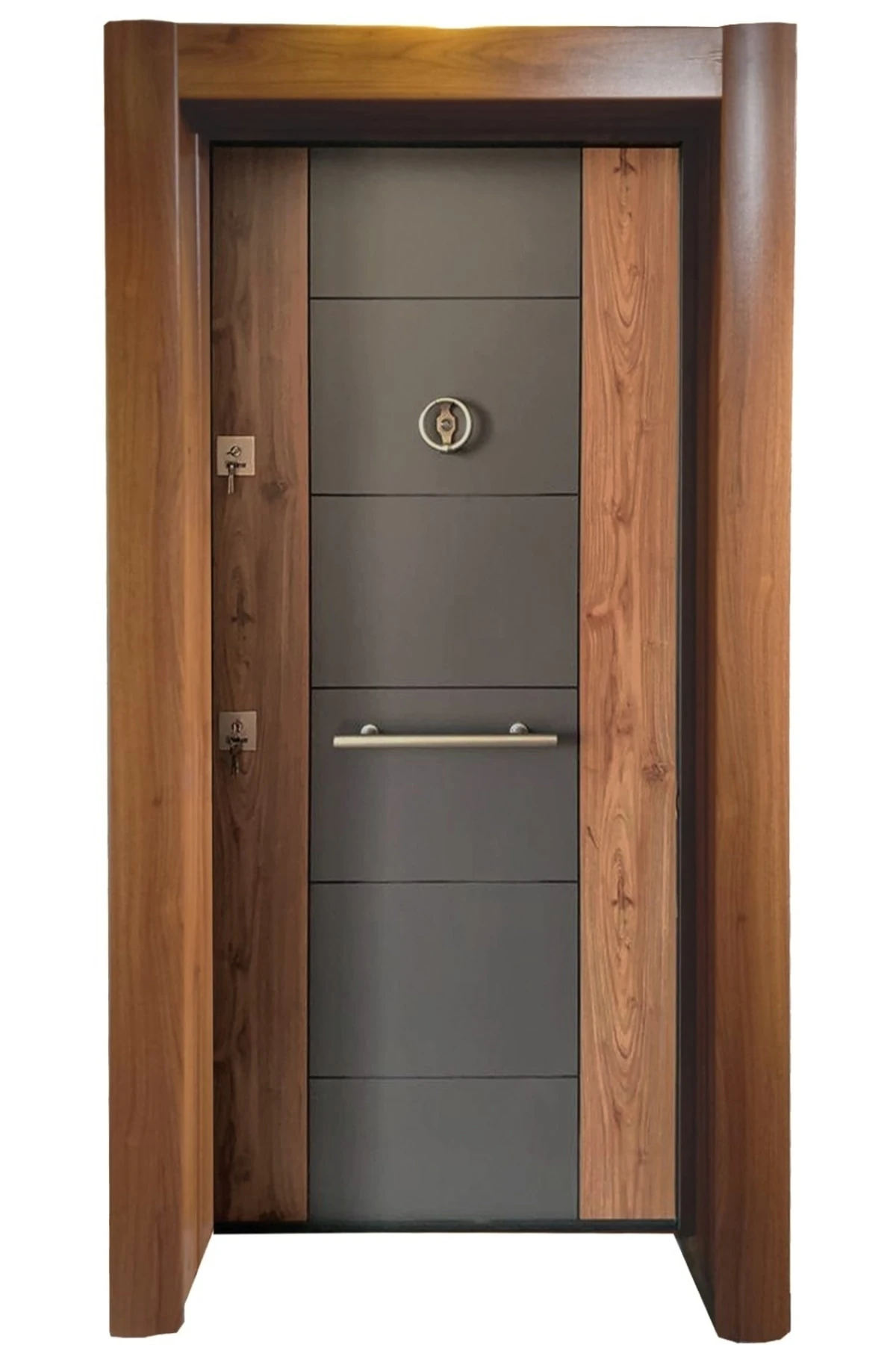 Çelik Kapı Modelleri Model Tırnaklı Sistem Çelik Kapı, Ahşap Kaplamalı Antrasit Düz Sağ