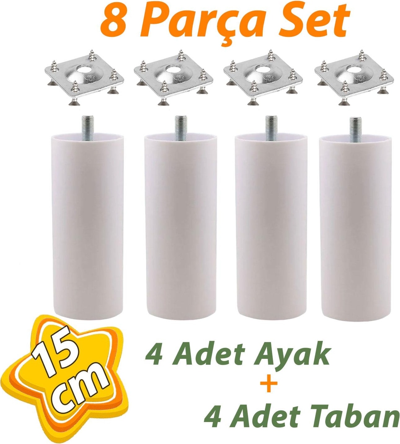 4 Adet Destek Ayağı 15 cm Beyaz ve 4 Adet Düz Ayak Tabanı M8 Civatalı Ince Diş Mobilya Kanepe Baza Seti