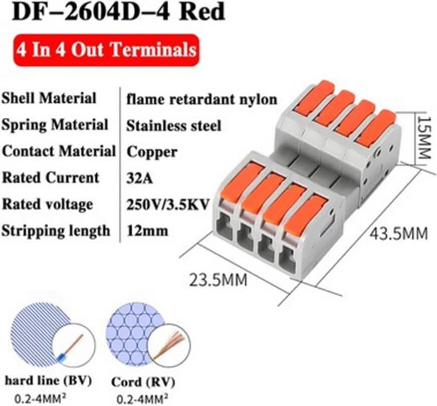 25 Adet Hızlı Kablo Ekleme Birleştirme Konnektörü - Dörtlü Klemens - Bağlantı Kesme Özellikli