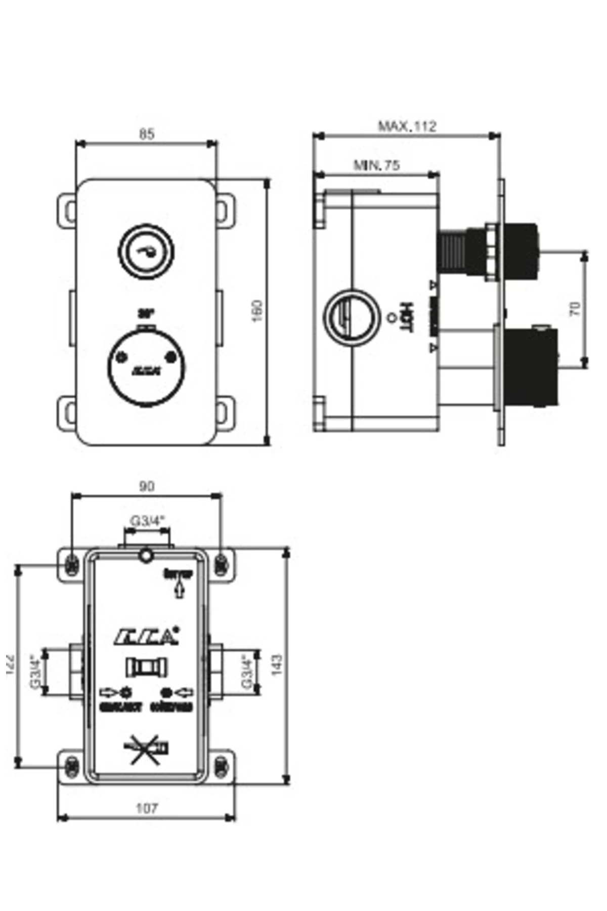 Termostatik Ankastre Duş Bataryası Sıva Üstü 1 Yollu 102101401