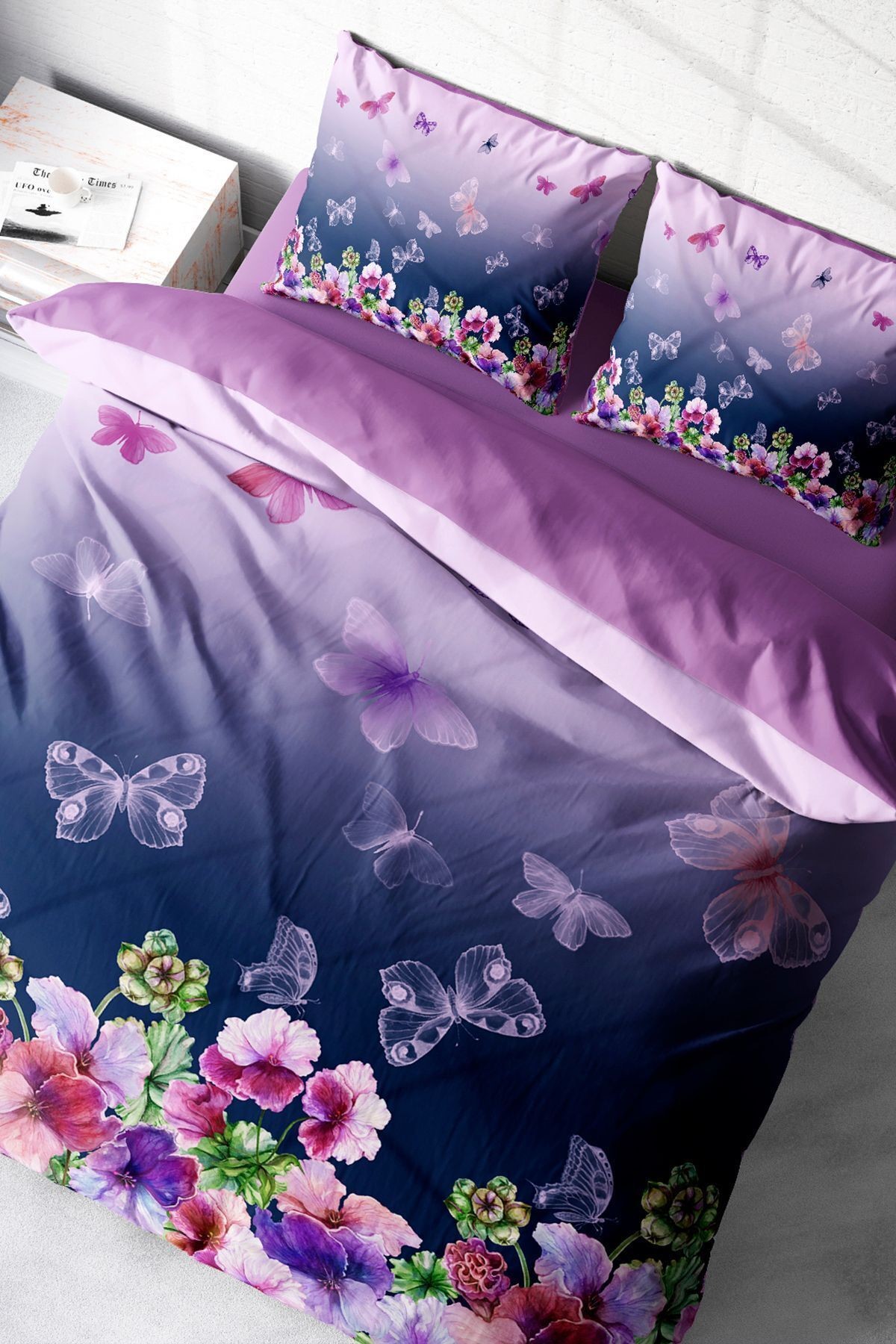 Anneler Günü Çift Kişilik Nevresim Takımı Özel Dokuma Pamuk Saten Butterflies Dream
