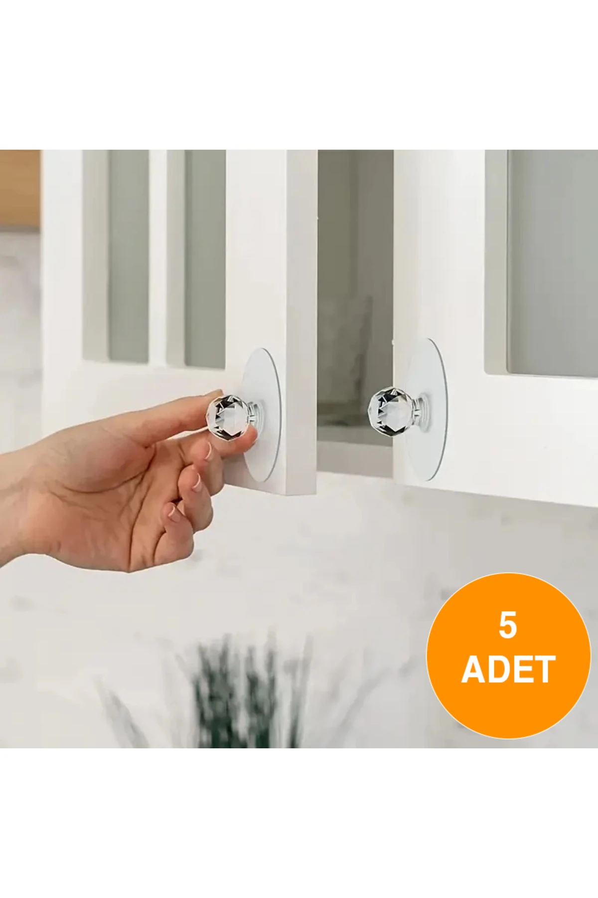 5 adet Yapışkanlı Kristal Dolap Kulp ve Çekmece Tutacağı – Matkap Gerektirmez, Kolay Montaj