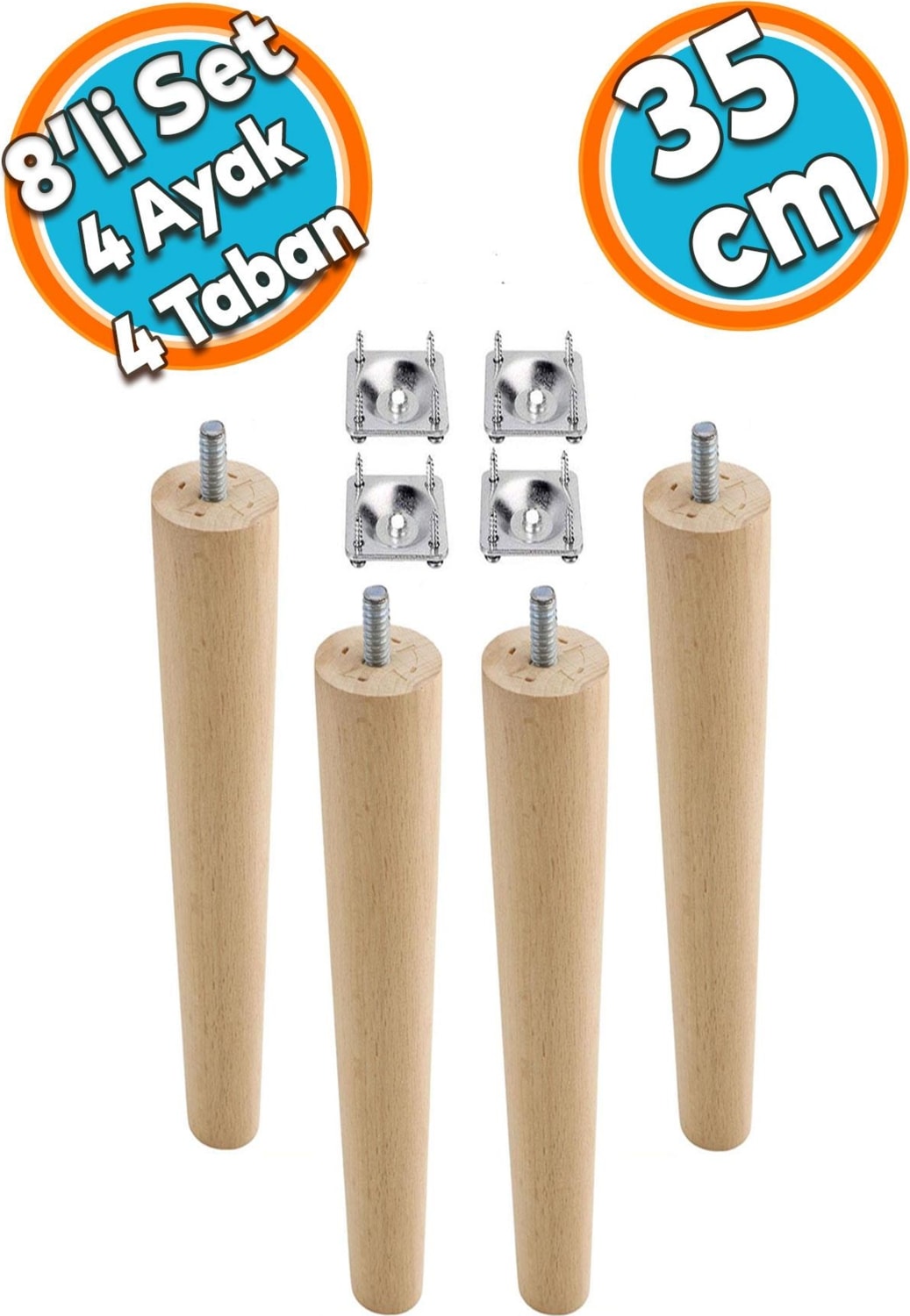 Ahşap Mobilya Koltuk Kanepe Sehpa Masa Ayağı Ayakları M8 Civatalı 35 cm + Bağlantı Aparatlı 8'li Set