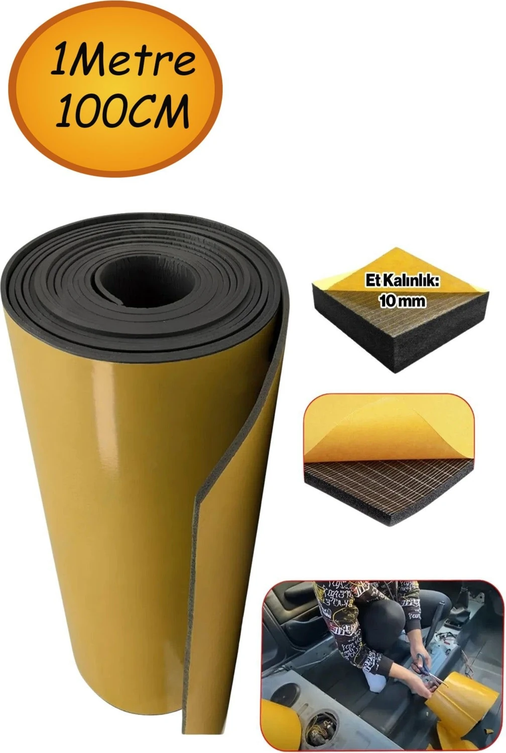 Yapışkanlı Araç Ses Isı Yalıtım Izolasyon Bant EN:100 cm Kalınlık:10 mm Uzunluk1 Metre Kauçuk Sünger