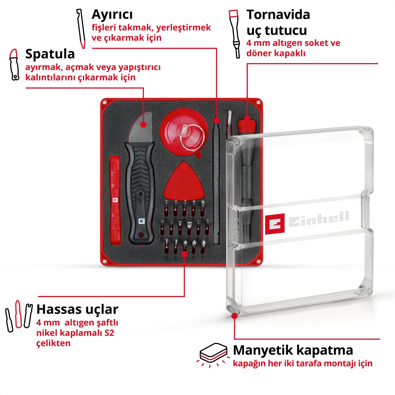 EİNHELL 28 Parça Hassas ve Elektronikçi Tamir Seti (hassas uçlar, tornavida uç tutucu, eğimli cımbız, plastik açma aparatı, levye, açma aleti, açma kazıyıcı, plastik vantuz) - 49115020