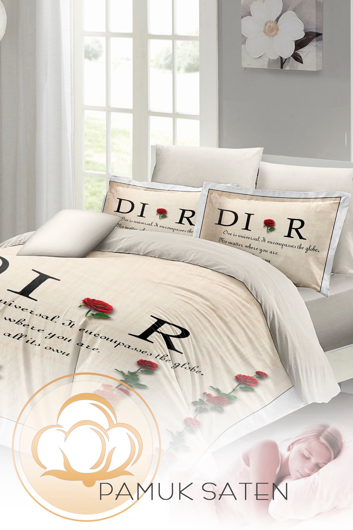 Kıng Sıze Nevresim Takımı %100 Doğal Pamuk Çift Kişilik 3d Digital Poetry Roses 220x240cm
