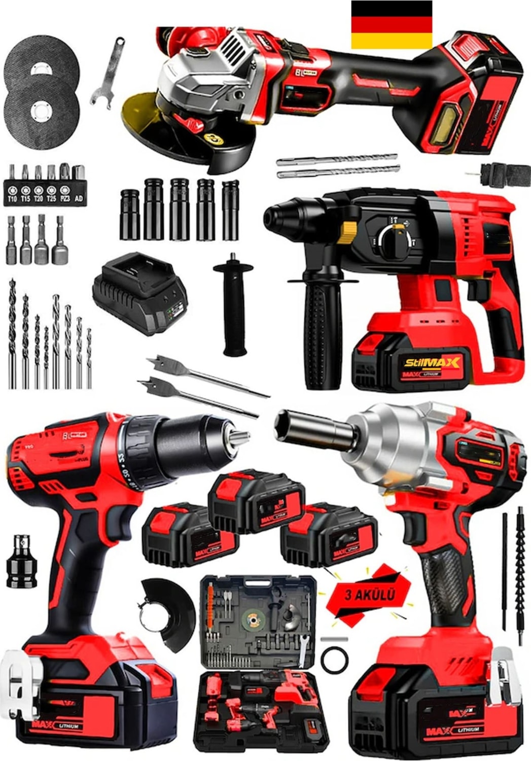 Kömürsüz RED4ST 20AHX 4'lü Set Akülü Şarjlı Vidalama + Somun Sökme + Taşlama + Kırıcı Delici Seti
