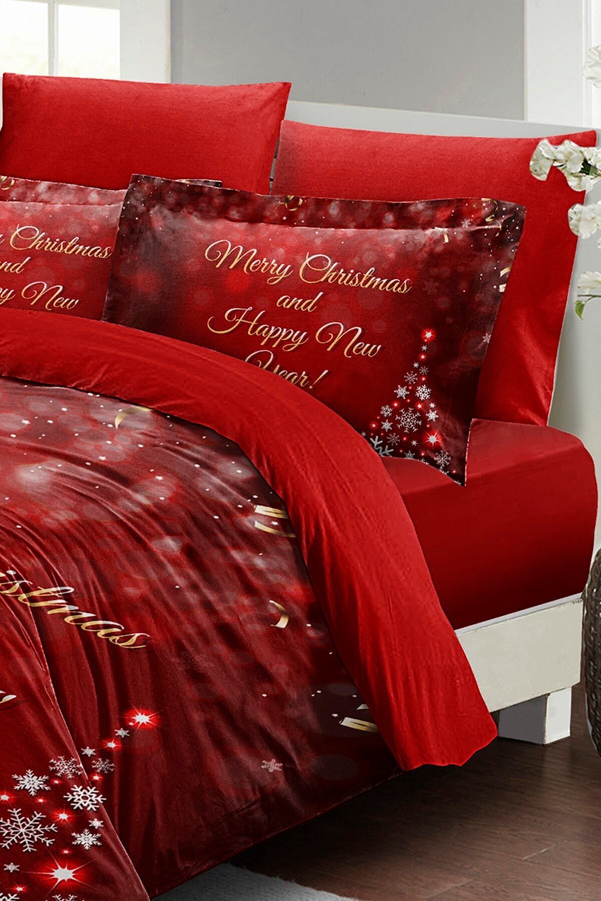 Kıng Sıze Yılbaşı Süsü Happy New Noel %100 Pamuk Saten 3d Çift Kişilik Nevresim Takımı 220x240cm
