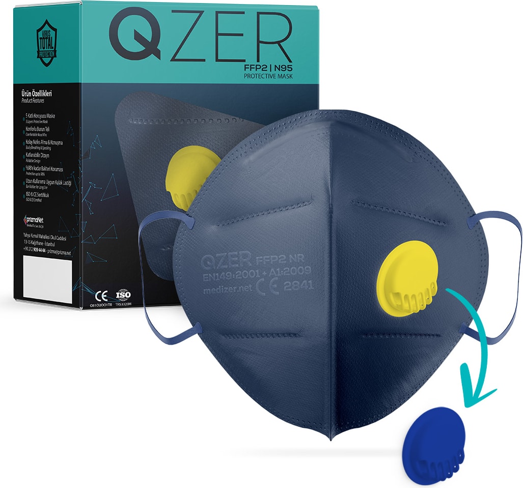Qzer Lacivert 5 Katlı Ventilli Ffp2 Nr N95 Maske