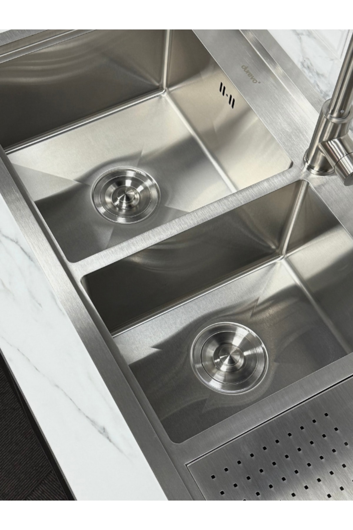 Moderno Double Paslanmaz Çelik Bardak Yıkamalı 2 Göz Akıllı Mutfak Evyesi INOKS Renk 96x50cm