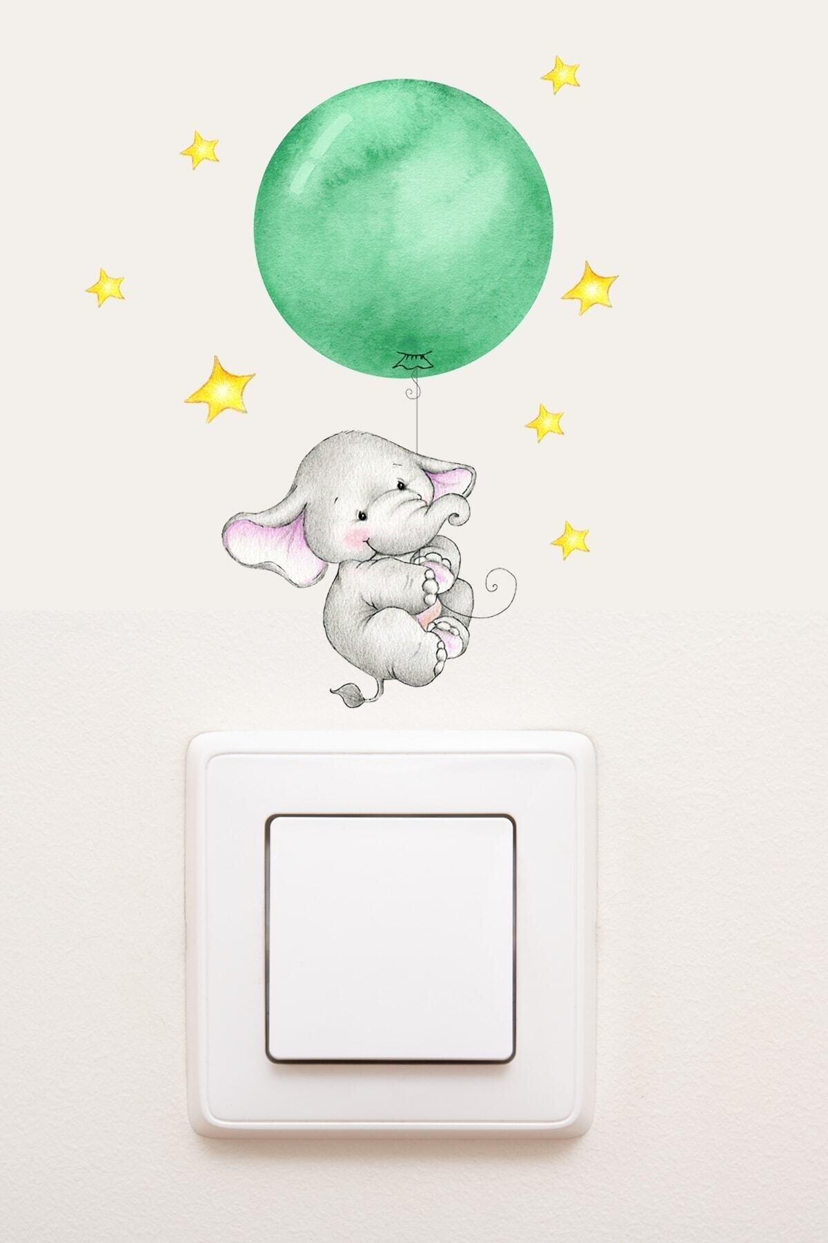 Priz  Yeşil Balonlu Fil Dekoratif Priz Sticker