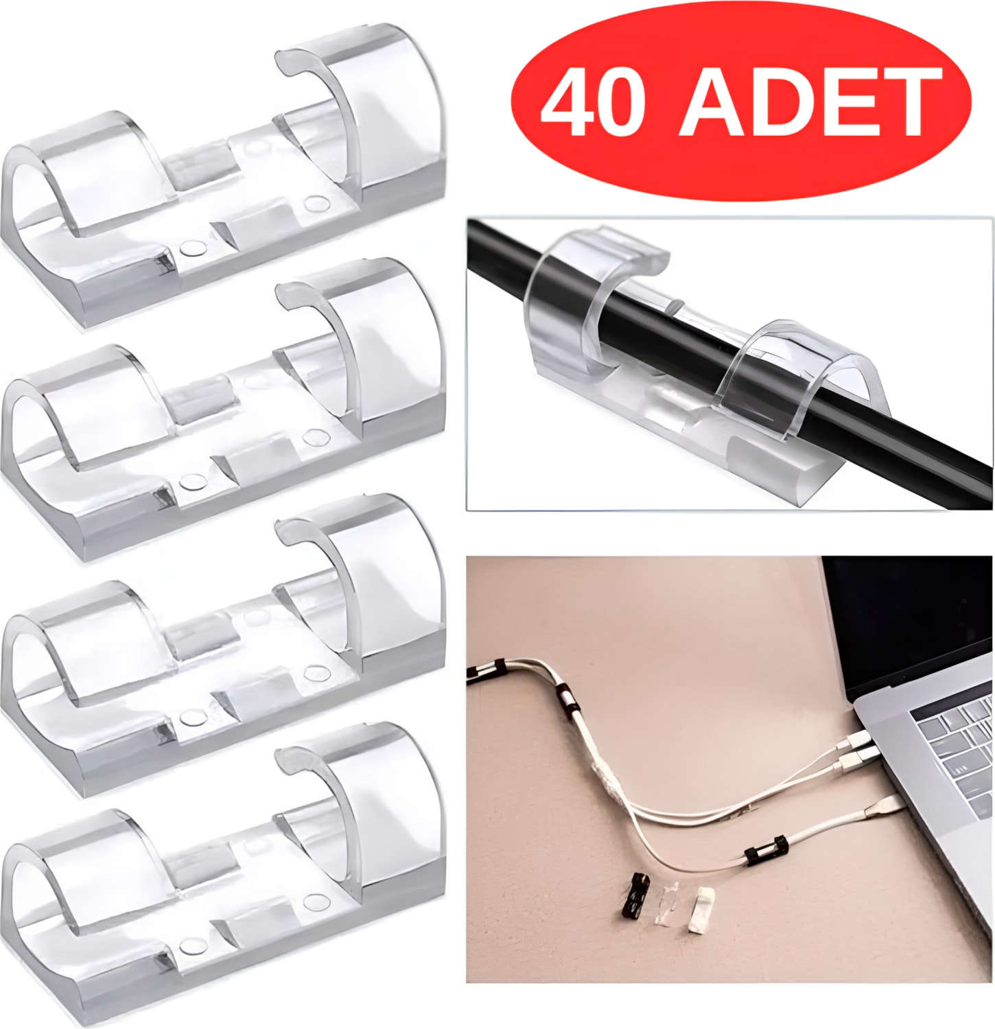 40 Adet Kablo Sabitleyici Yapışkanlı Tutucu Klips Elektrik Kablo Saklayıcı Toplayıcı Set