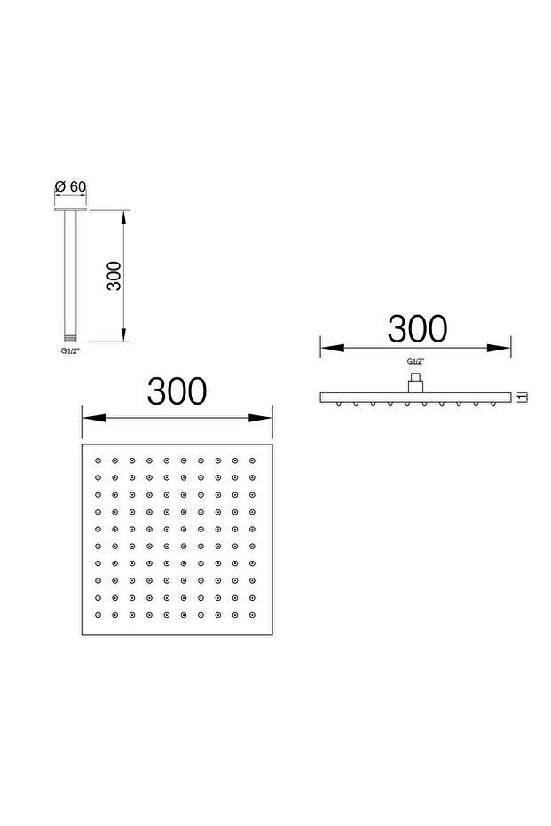 Ankastre Duş Başlığı Borulu Kare Slim Metal 30x30 Cm Tavandan
