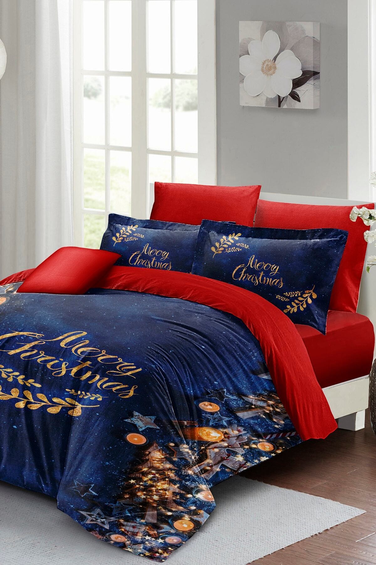 Kıng Sıze Yılbaşı Süsü Happy Noel %100 Pamuk Saten 3d Çift Kişilik Nevresim Takımı 220x240cm