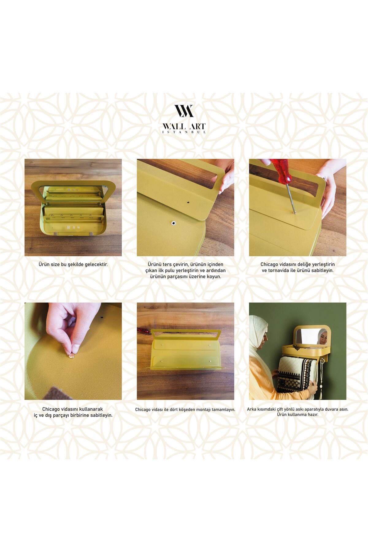 Duvara Monte Aynalı Namaz Köşesi Rafı – Seccade & Tesbih Düzenleyici - WAMH209