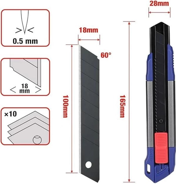 WP212022 18 mm Ağır Hizmet Alüminyum Kasa Maket Bıçağı + 10 Adet Yedek Bıçak
