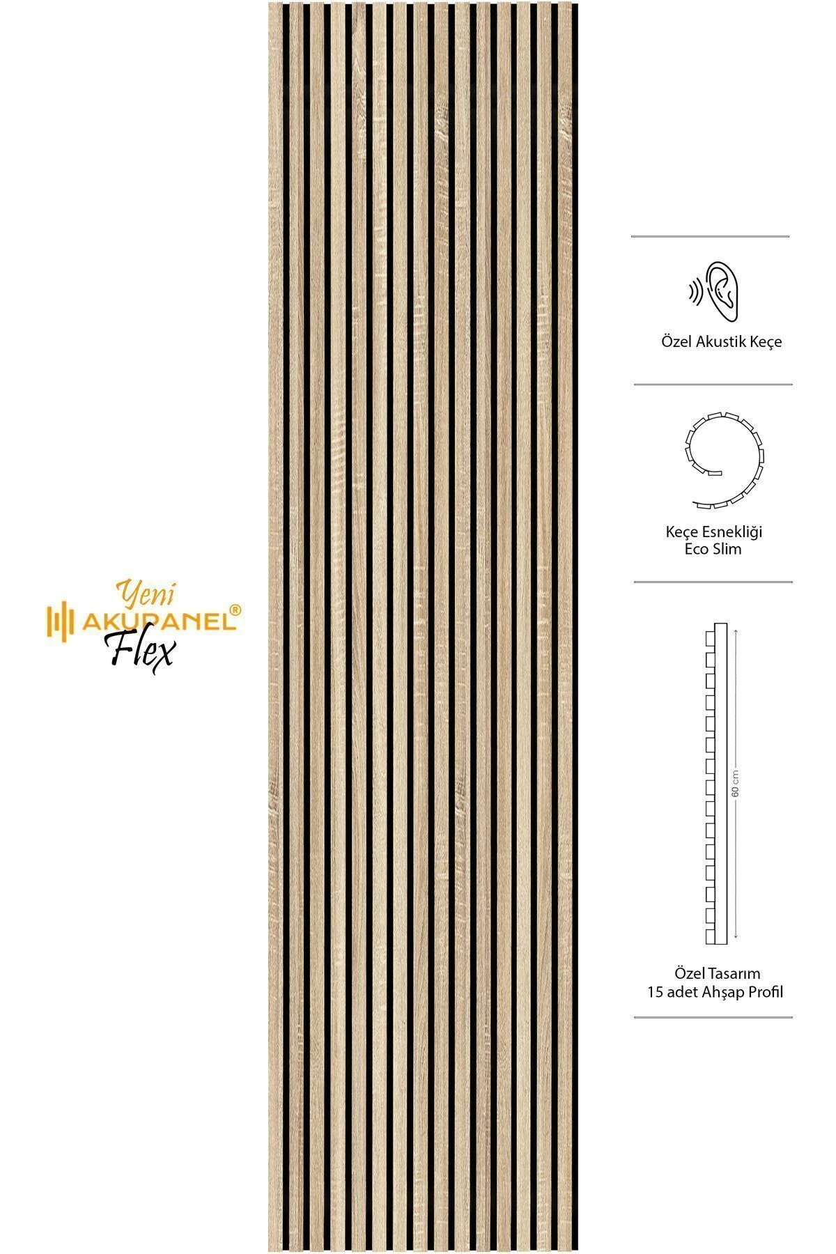Flex 60x245 cm Meşe Renk Akustik Ahşap Duvar Paneli