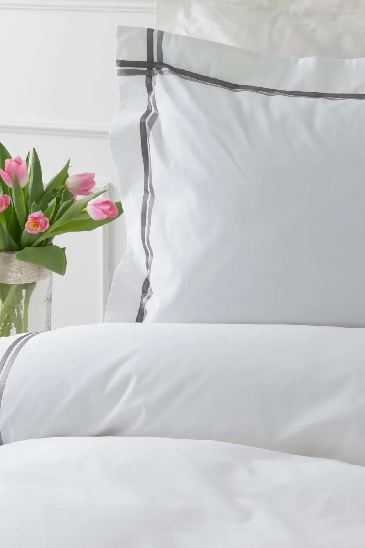 White Collection Valse Gri Saten Şeritli Percale Çift Kişilik Nevresim Takımı
