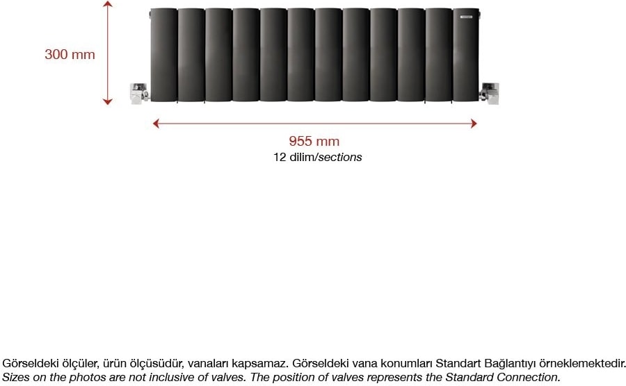 300 x 955 mm Lilac Yatay Antrasit Alüminyum Radyatör Standart Bağlantı