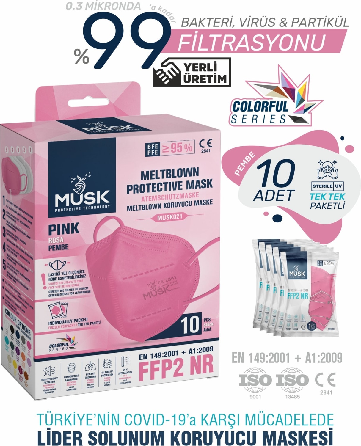 FFP2/N95 Maske Pembe Renk 40 Adet