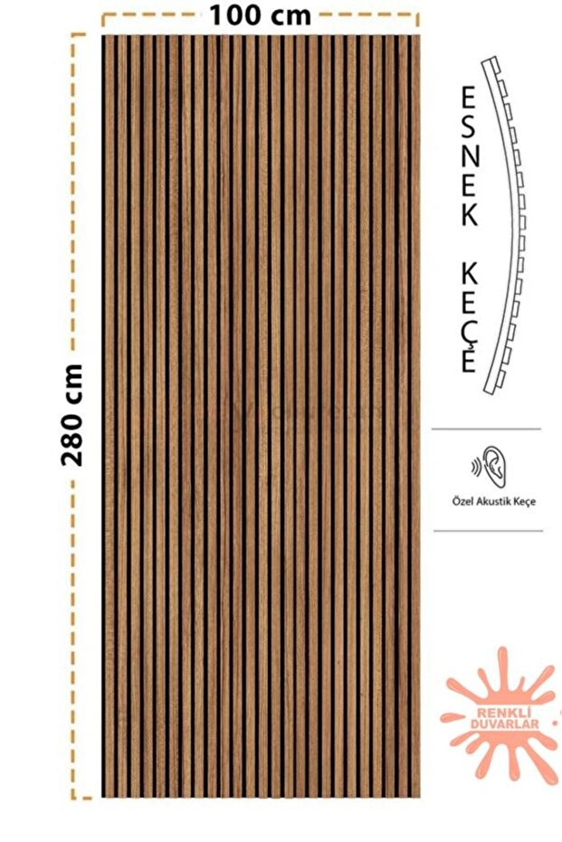 100x280 Cm 1 Adet Teak Rengi Ahşap Akustik Duvar Paneli Keçe Taban MDF Lambiri Yüzey Panel