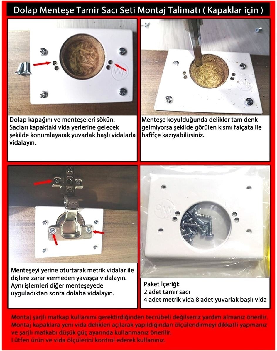 Dolap Menteşe Tamir Sacı Seti Kapak Kısmı Yuva Için 2 Li