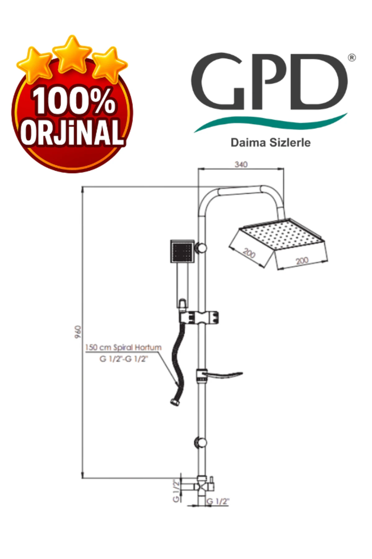 DST19-3 Yönlendiricili Duş Seti (Tek Fonksiyonlu El Duşu + 200X200)