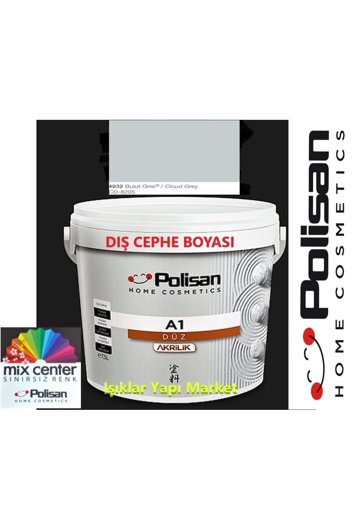 POLİSAN Dış Cephe Boyası -a1 Akrilik Düz -2,5litre(3,5KG.) -cd-8205 Bulut Grisi