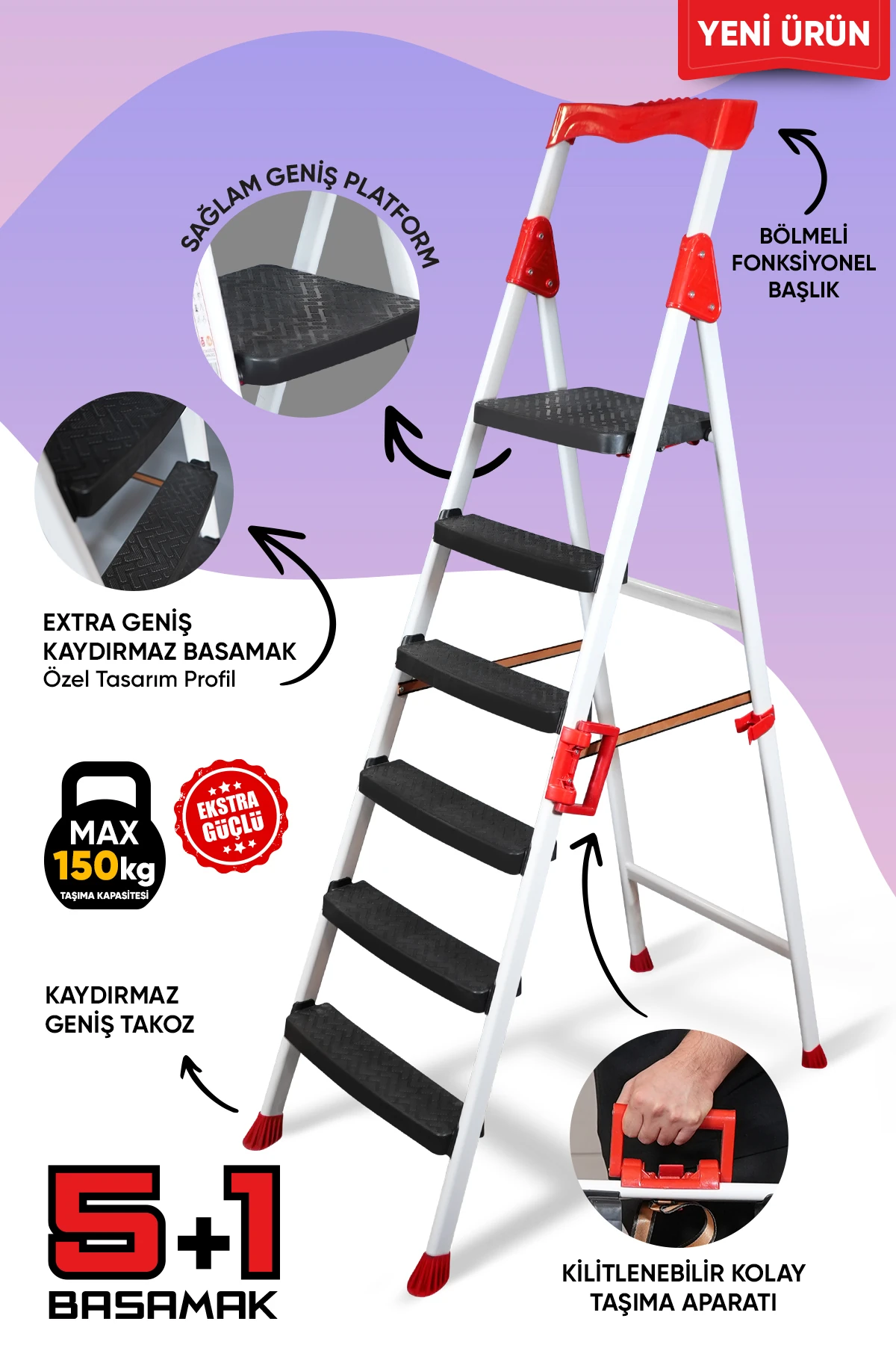 Elegance 5+1 Geniş Basamaklı Kolay Taşıma Aparatlı Merdiven