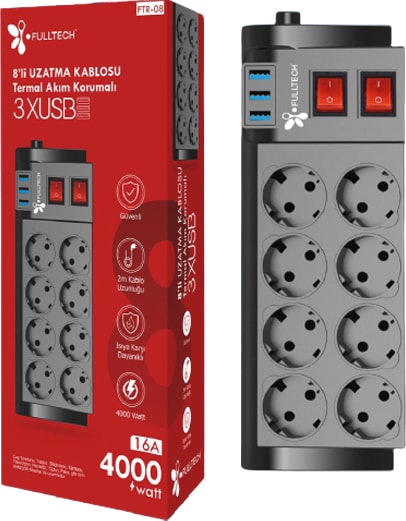 Termal Akım Korumalı Isıya Karşı Dayanıklı 8'li Priz Kablo Uzunluğu 2 mt 3 x Usb