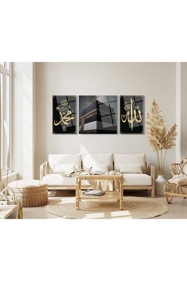 Kabe Allah Muhammed Üçlü Set Cam Tablo, Dini İslami Ev Ofis Salon Duvar Dekoru Hediyelik Büyük