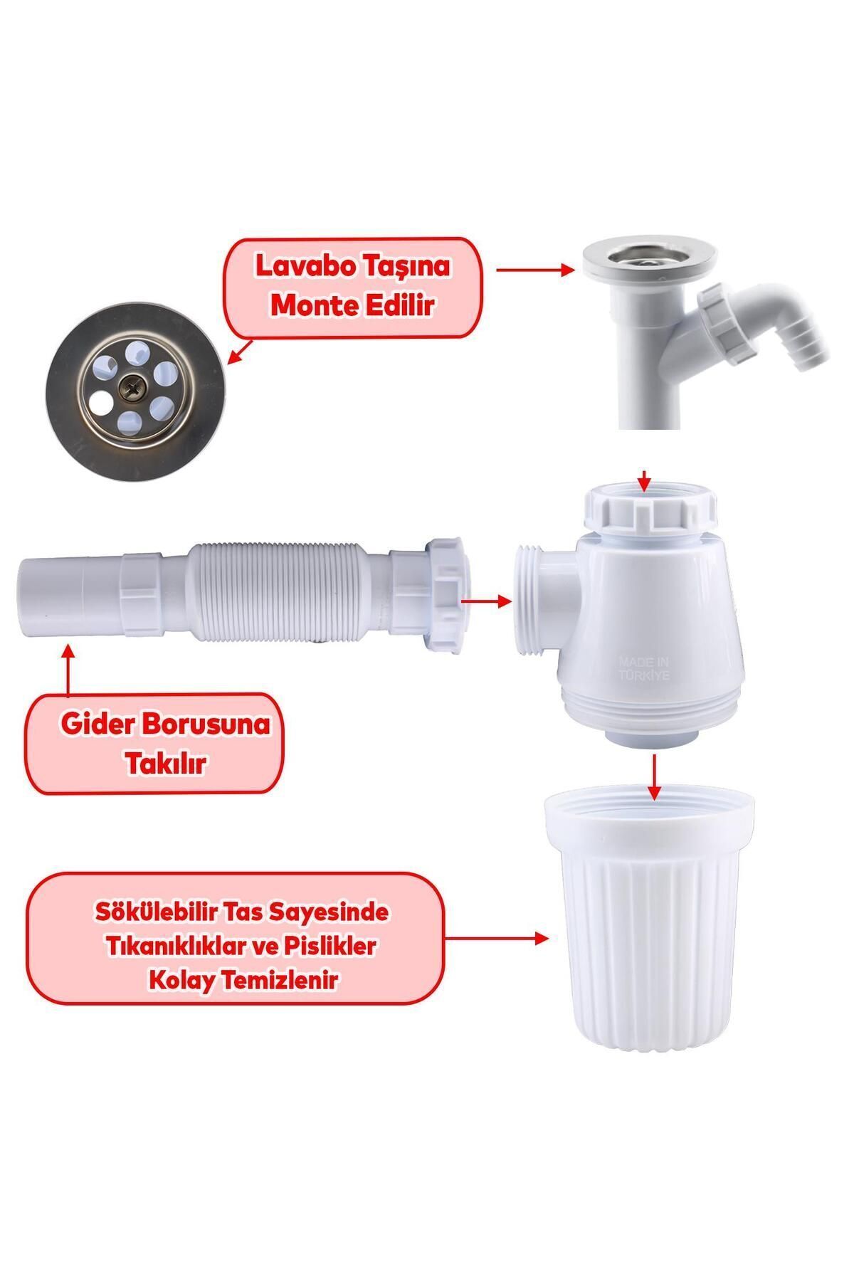 Sökülebilir Pis Su Giderli Tas'lı Çift Lavabo Gideri Evye Sifonu Körüklü Mutfak Banyo Borusu
