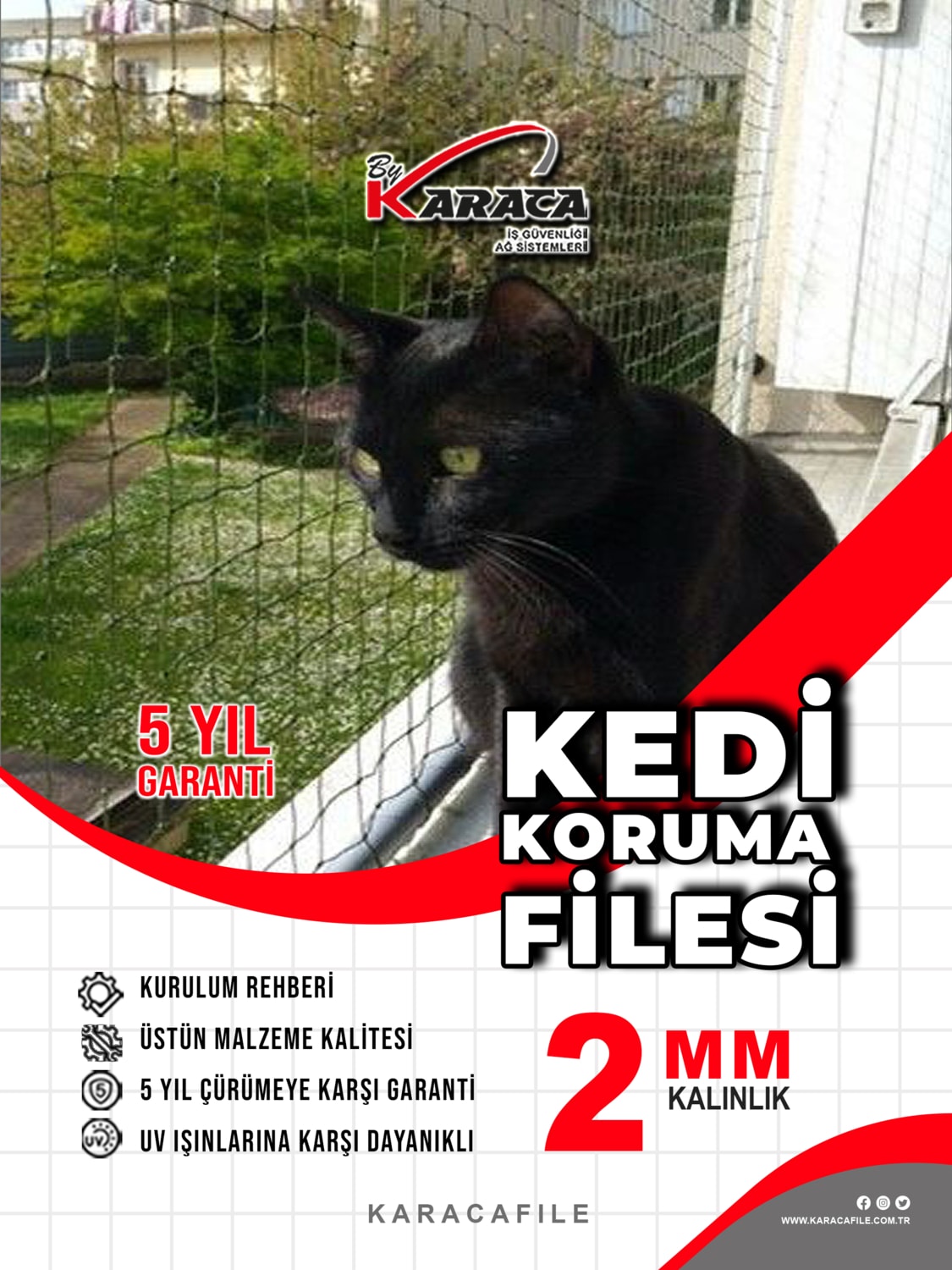 Kedi Balkon Güvenlik Filesi 1.5x8 mt 2mm Ip Kalınlığı 4x4 Göz Aralığı (Beyaz Veya Siyah)