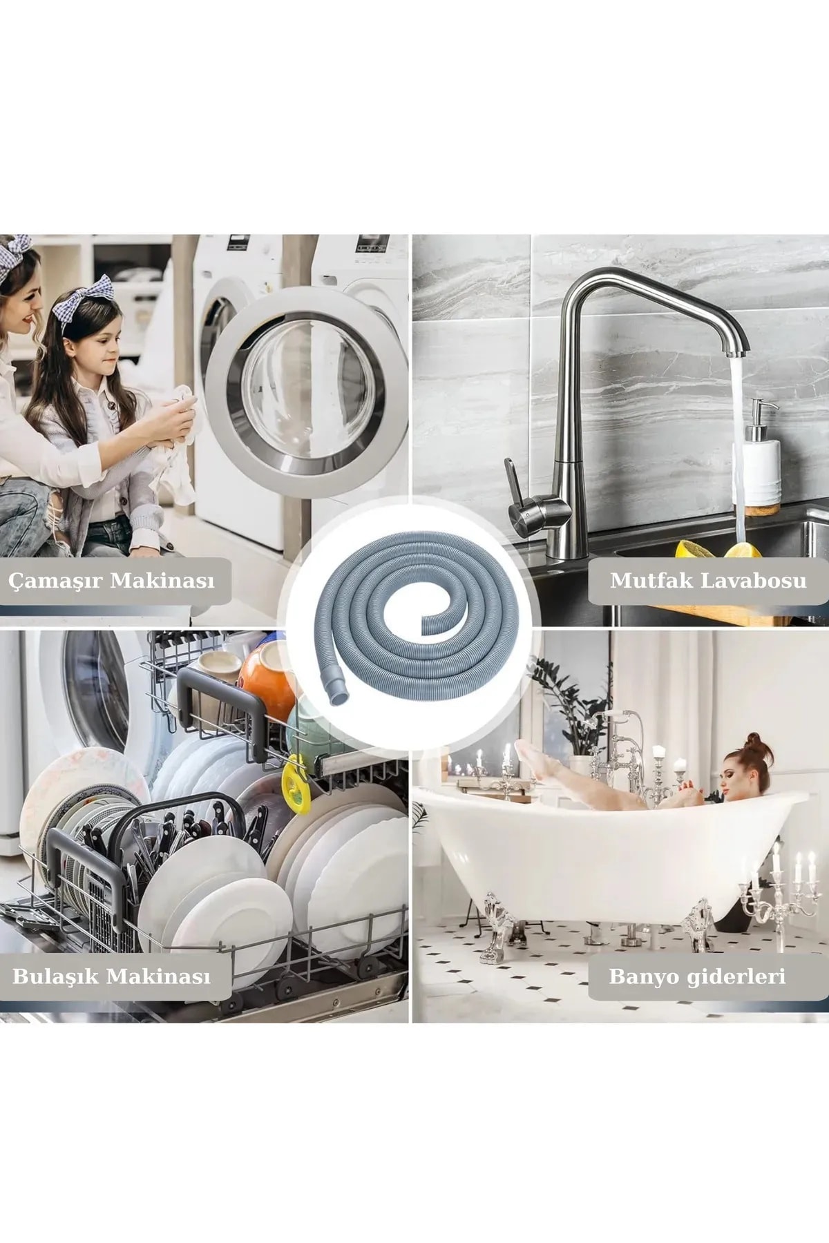 Çamaşır Bulaşık Makinesi Pis Su Giriş Hortumu, Körüklü Tahliye Hortumu, 3 Mt (Kelepçesi Dahildir)