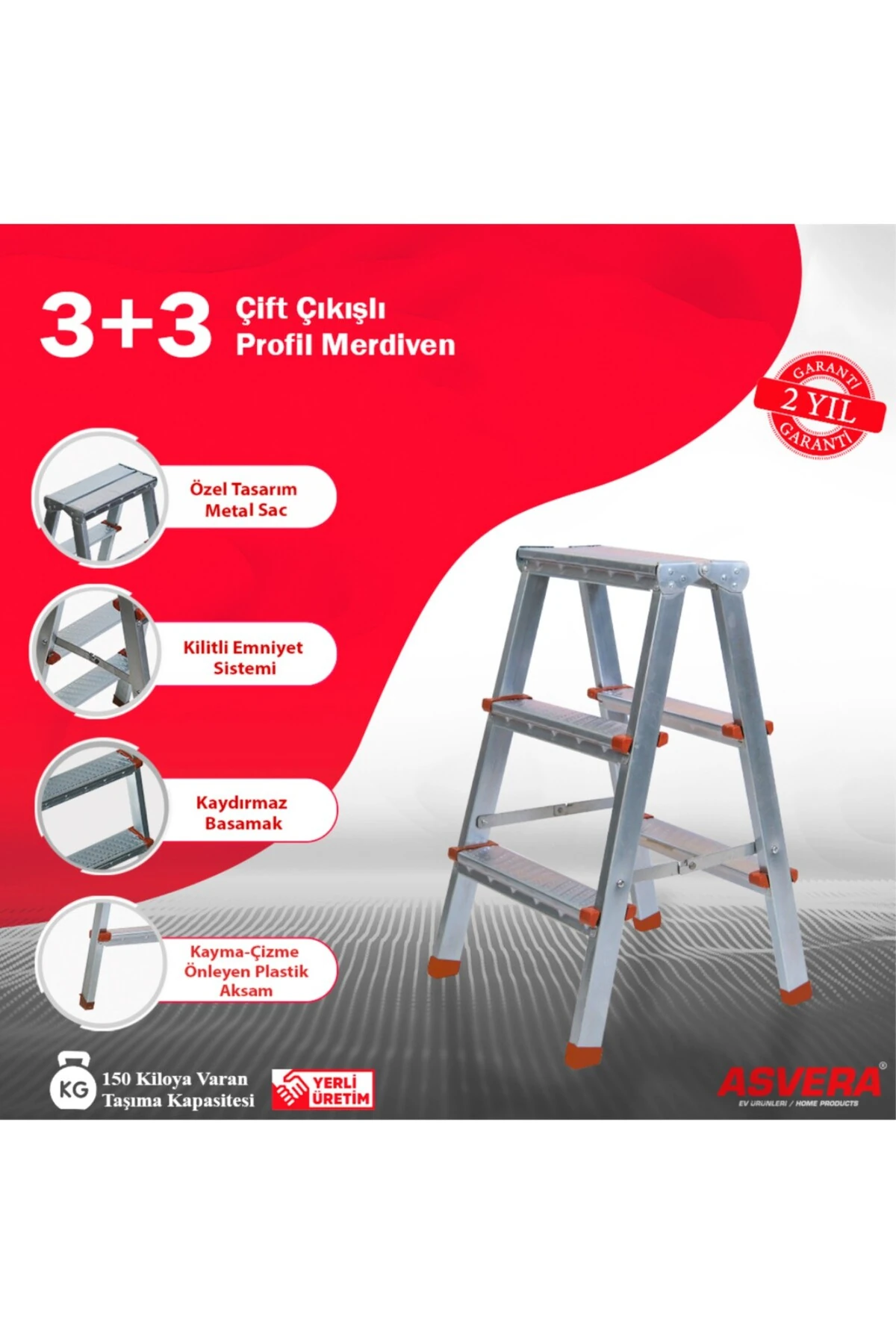Yakut Serisi 3+3 Basamaklı Çift Çıkışlı Galvanizli Profil Merdiven (Ev, bahçe, işyeri için uygun)