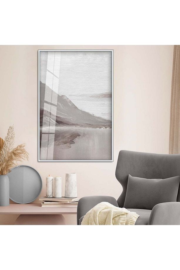 Gümüş Metal Çerçeveli Modern Çizim Dağ Tema Kırılmaz Cam Tablo