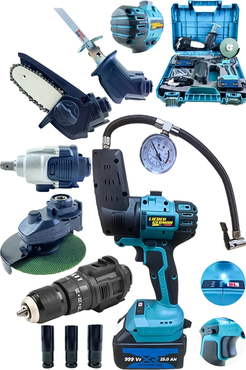 999VF 25AH 6lı Set Şarjlı Matkap Testere Tilki Kuyruğu Taşlama Somun Sökme Lastik Şişirme