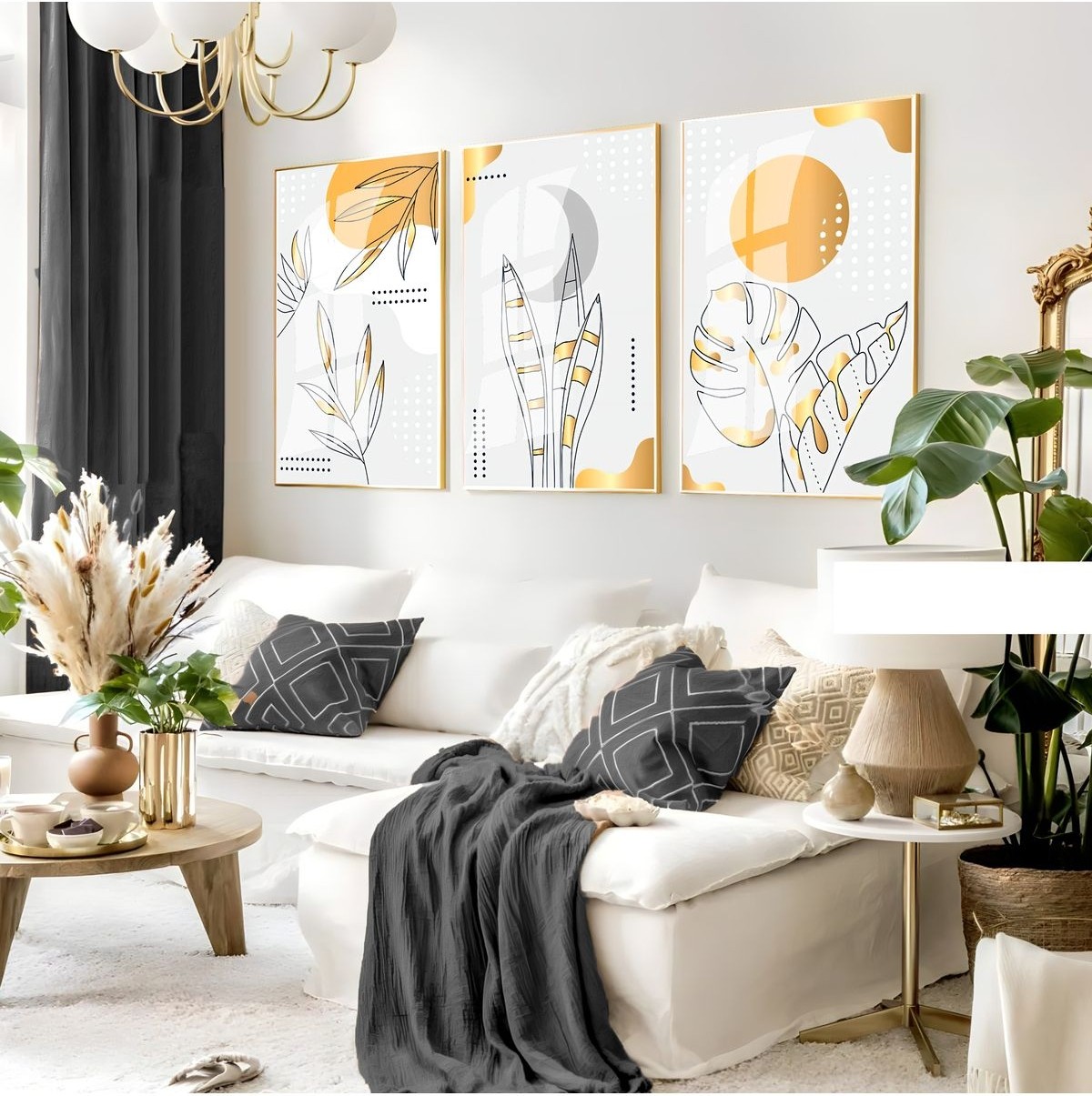 |soft Gri-Sarı Minimalist Yapraklı Set 03 |çerçeveli Cam Tablo 3lü Dikey