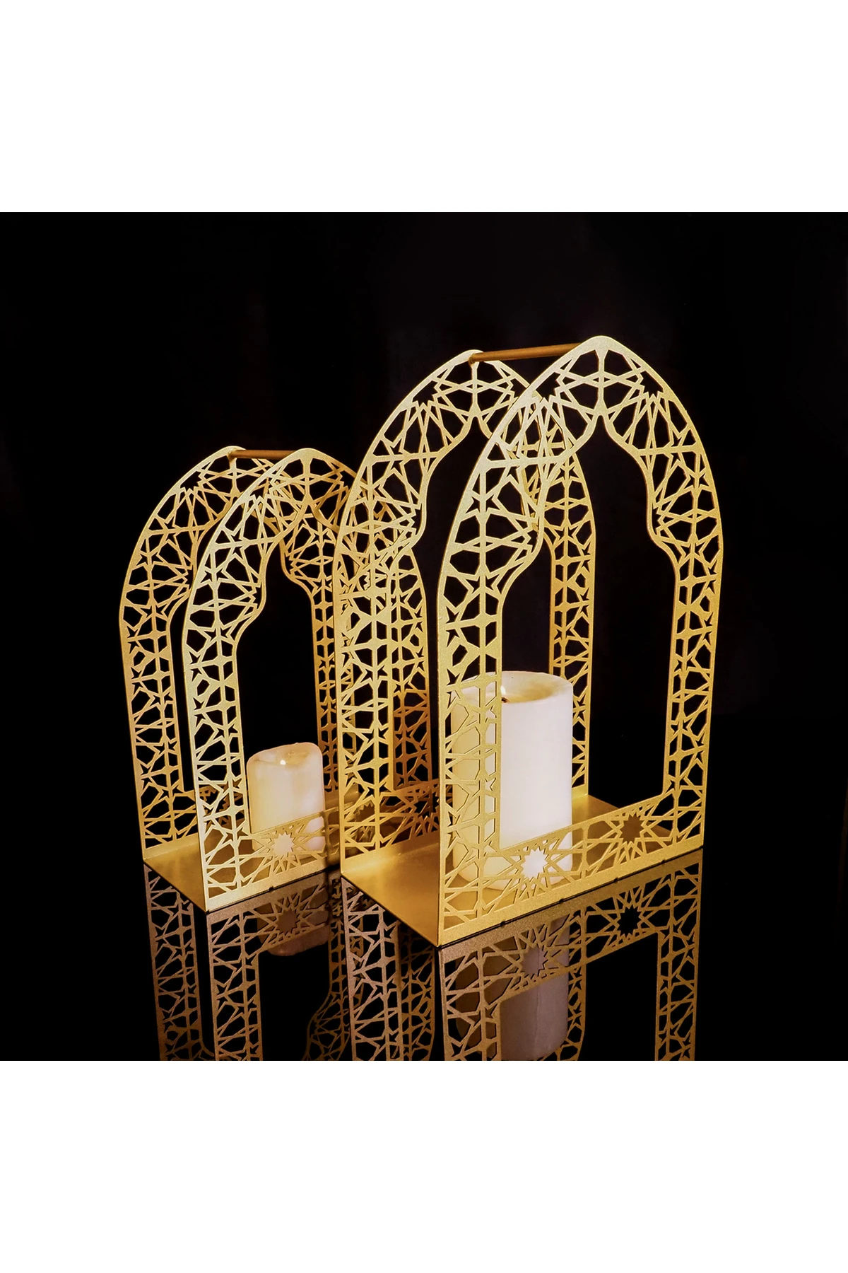 İslami Motifli 2'li Metal Ramazan Mumluk Seti - Ramazan Süsleri - Olive Gold - Wamh168