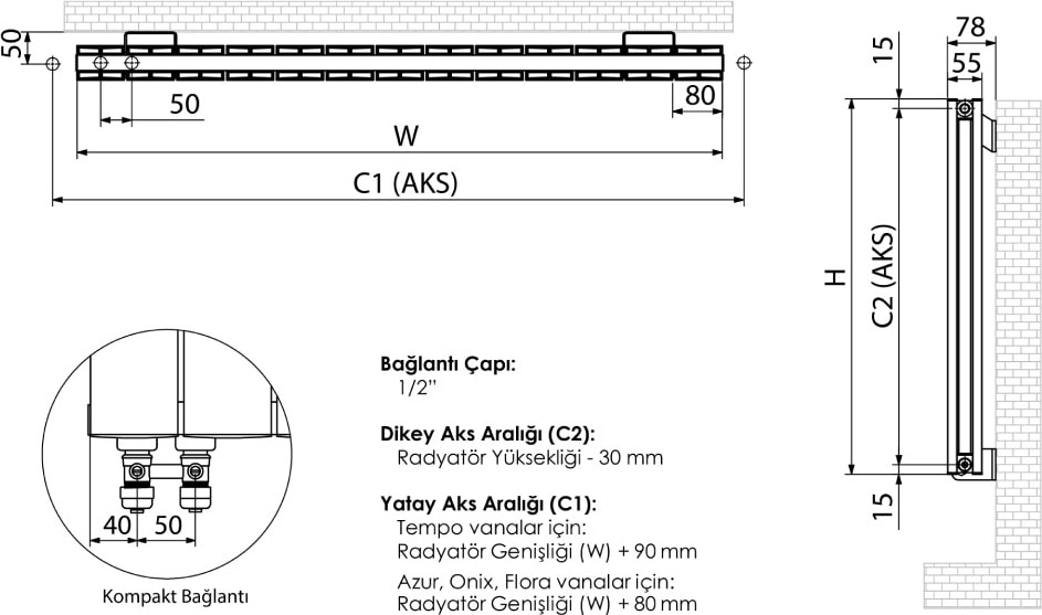 600 x 715 mm Amber Yatay Antrasit Alüminyum Radyatör Standart Bağlantı