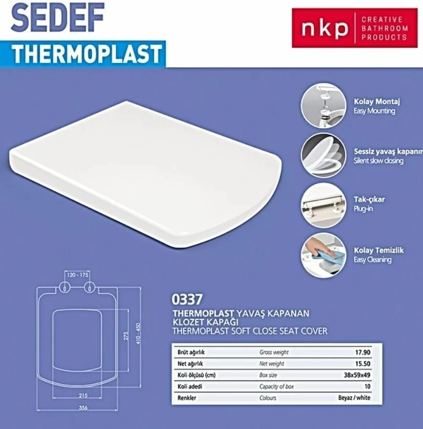 Kare Sedef Klozet Kapağı Beyaz Yavaş Kapanan