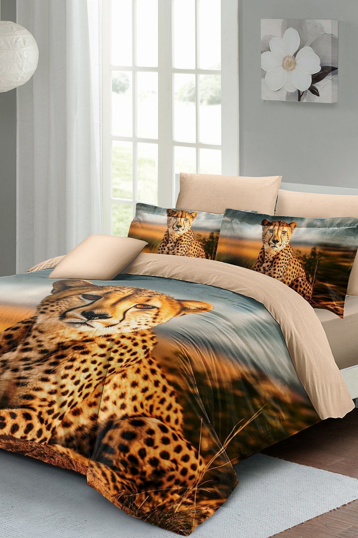 Leopar Lastikli Çarşaflı %100 Pamuk Saten Çift Kişilik Nevresim Takımı Cheetah